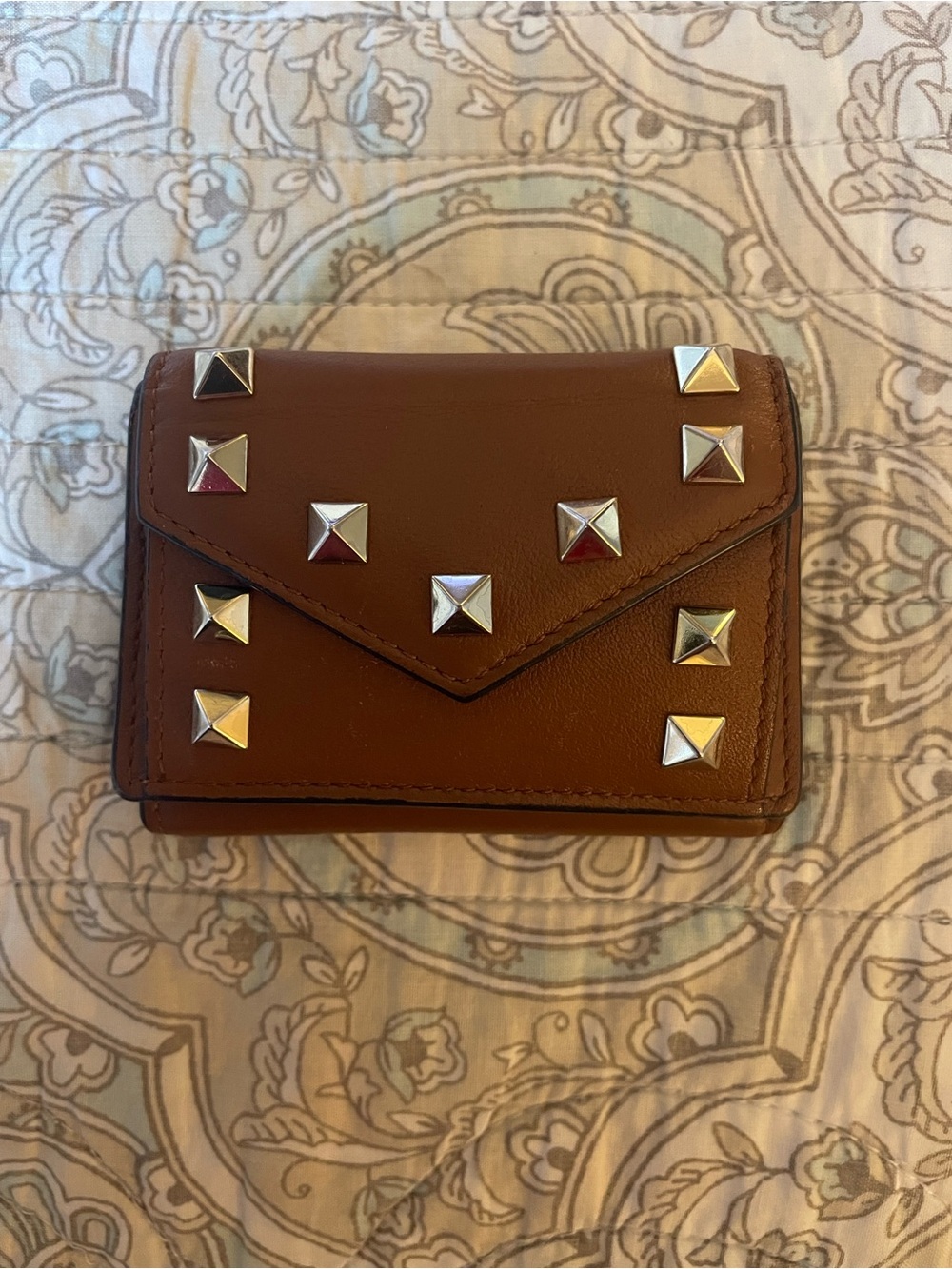 Valentino Garavani Brown Leather Rockstud Compact Trifold Envelope Wallet